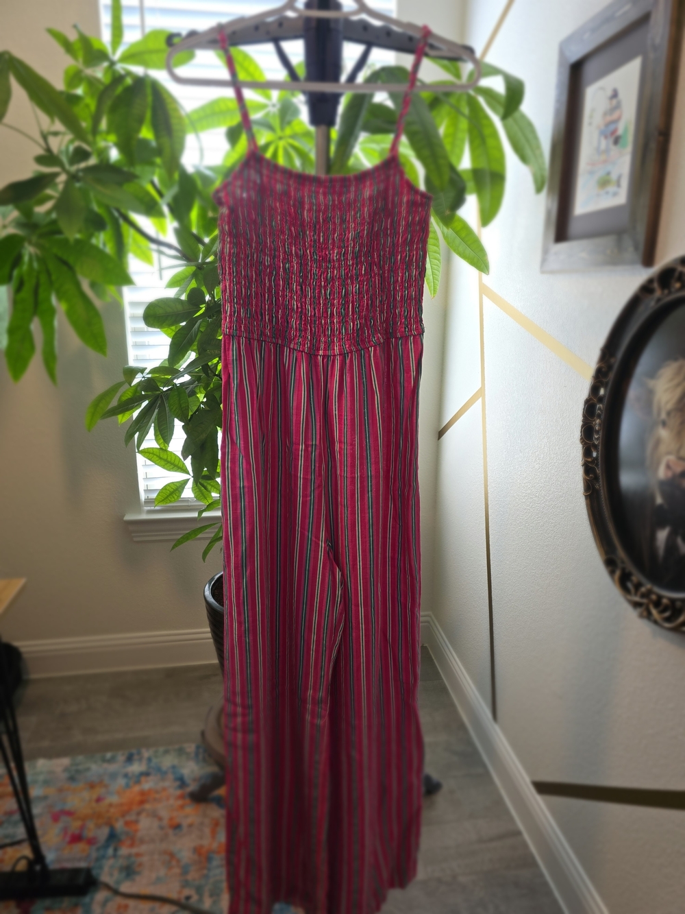 Copper Key Pink Striped Smocked Wide Leg Jumpsuit Size L